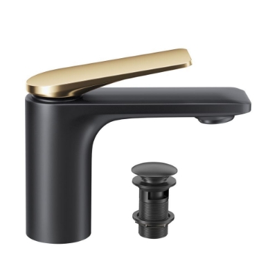 Picture of Single lever basin mixer with click clack waste - Lever: Gold Matt PVD | Body: Black Matt